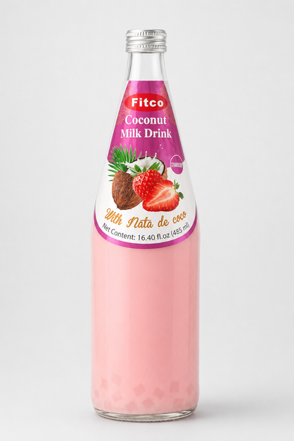 Fitco Coconut Milk Drink with Nata de Coco – 485 ml/16.4 Fl Oz Glass Bottle