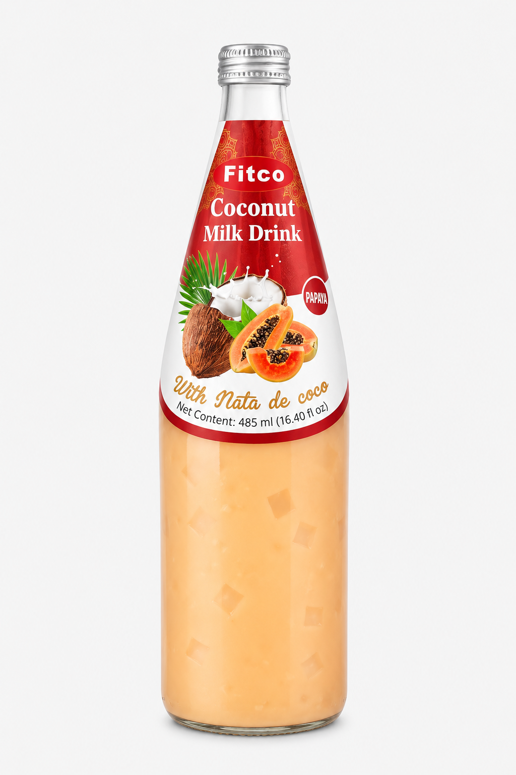 Fitco Coconut Milk Drink with Nata de Coco – 485 ml/16.4 Fl Oz Glass Bottle